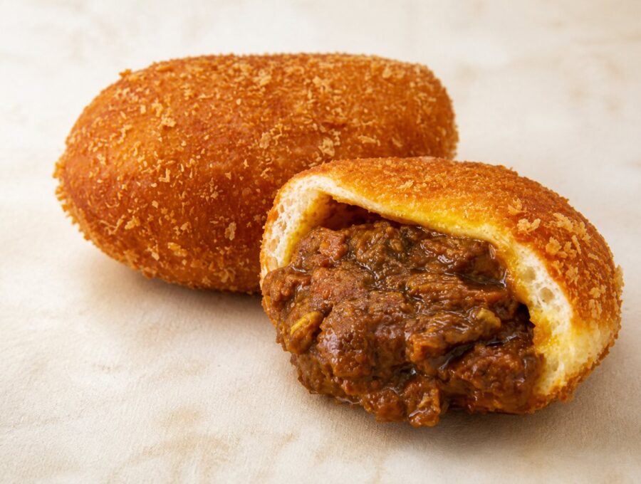 牛ぎゅーうカレーパンの断面と丸ごとのパン